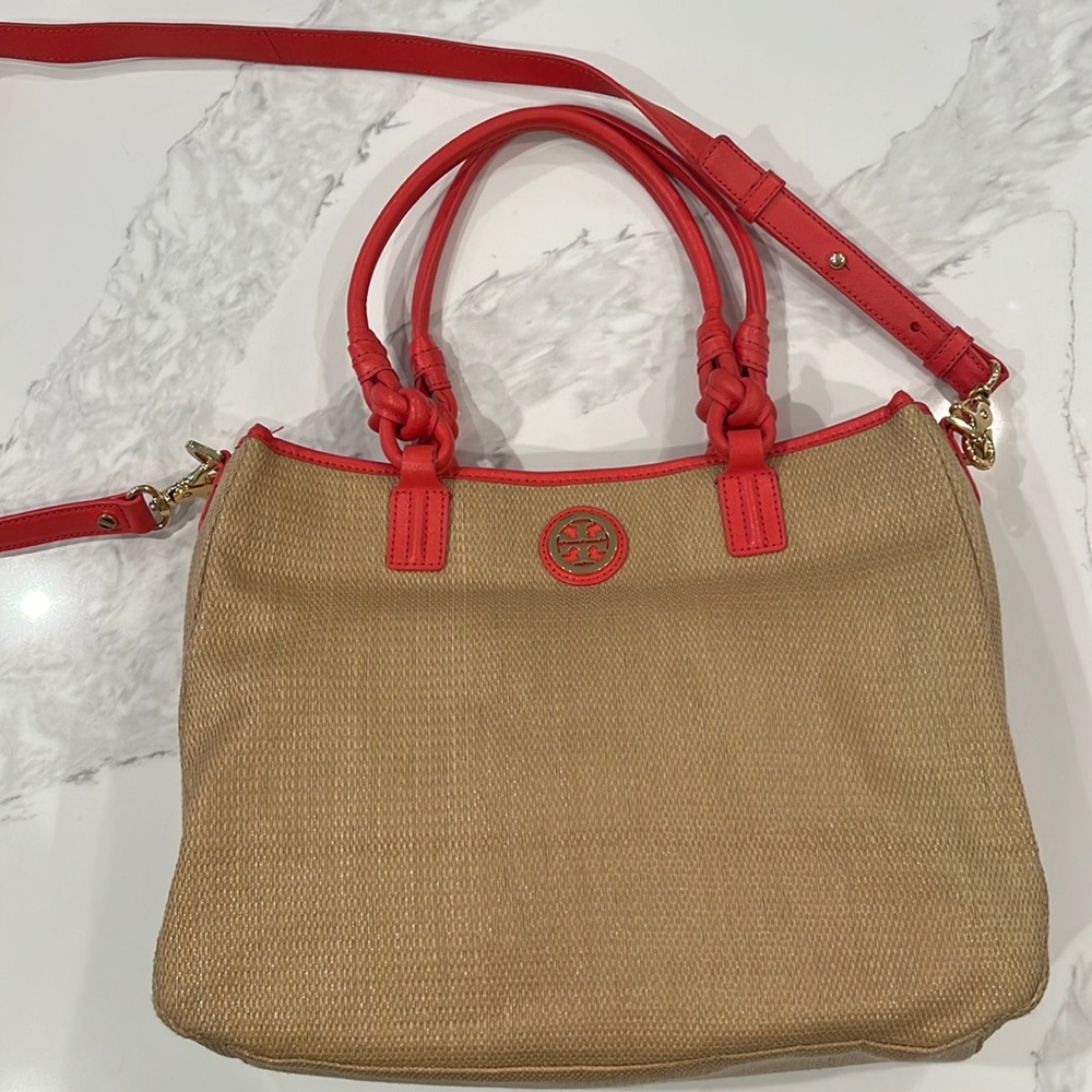 Tory Burch Coral and Rattan Handbag Tote